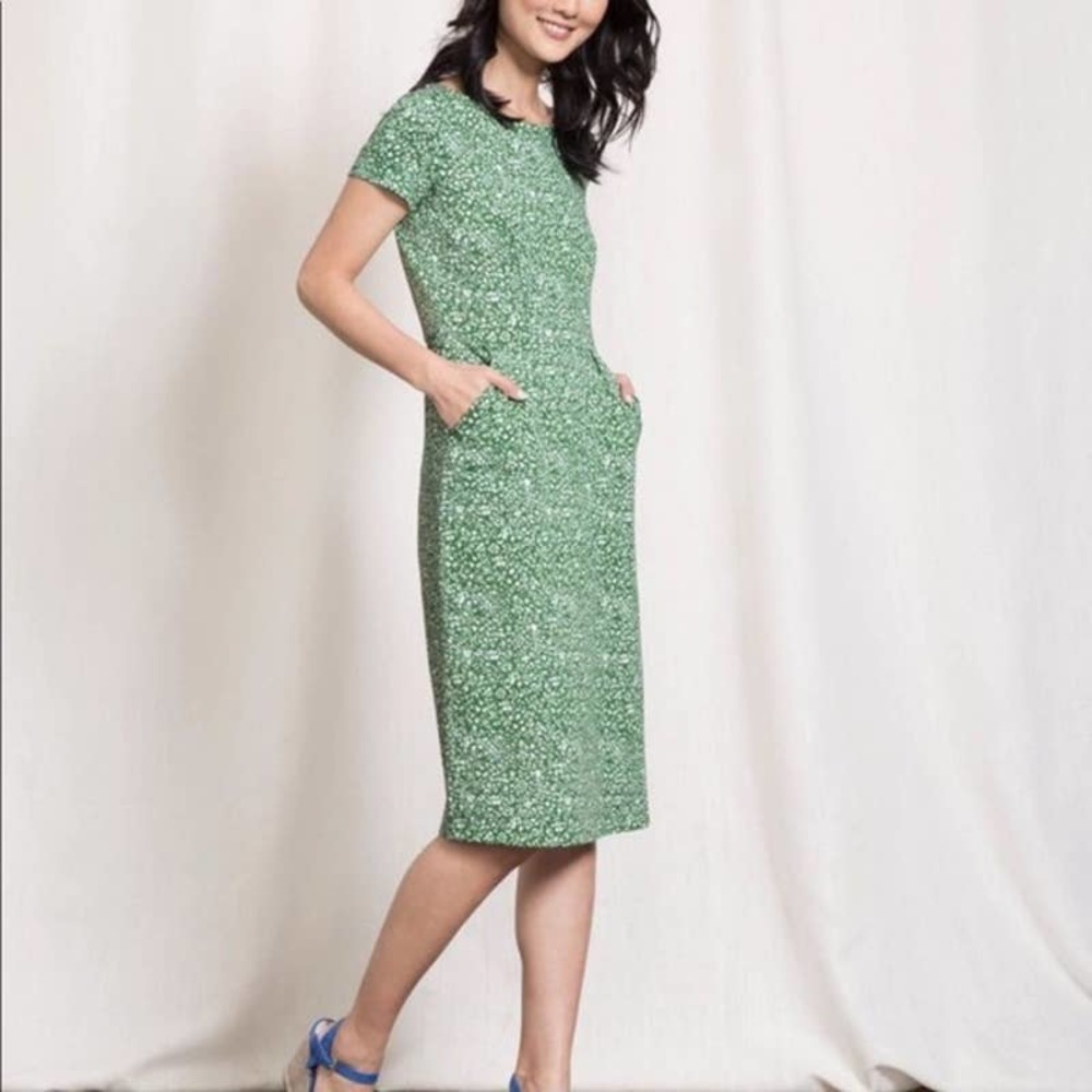Boden Midi Dress 14 Long Green Floral Printed Jersey Short Sleeve A-Line Phoebe